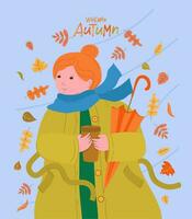 Jeune femme, fille dans une manteau et une chaud écharpe avec une verre de chaud café. l'automne feuilles, fermé parapluie. caractères, Bienvenue l'automne. marcher dans le parc dans le tomber de le feuilles. vecteur illustration.