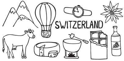 Suisse ensemble de attractions. vecteur illustration. montagnes, ballon, fondue, chocolat, vache, fromage, du vin. isolé sur une blanc Contexte.