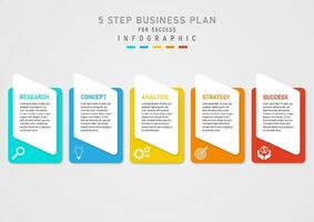 infographie 5 étape affaires plan pour Succès multi coloré carrés blanc icône inférieur la gauche coin blanc carré Haut avec lettre dans milieu gris pente Contexte conception pour commercialisation, produit, projet vecteur