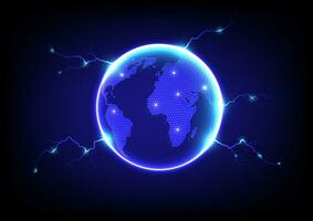 3d vecteur bleu planète Terre globe avec embrasé monde carte et foudre entourer sphère sur bleu Contexte. l'Internet réseau médias La technologie mondialisation concept