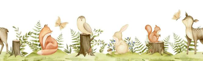 sans couture frontière avec forêt animaux pour bébé fond d'écran. main tiré aquarelle illustration de des bois modèle avec cerf, Renard et lapin sur isolé Contexte. dessin de Cadre pour puéril conception vecteur