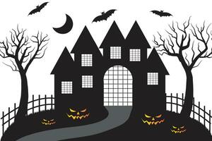 Halloween horreur Château hanté maison bâtiment silhouette vecteur, noir et blanc chauve souris et fantôme effrayant loger, effrayant nuit fête 31 octobre illustration thème, arbres citrouilles tombes sorcière lune des croix vecteur