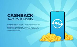 bannière de cashback promotion de l'argent publicité avec pièce d'or 3d dollar avec téléphone avec fond bleu