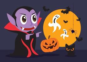le petit vampire mignon dracula célèbre la fête d'halloween avec des amis chat et citrouille vecteur