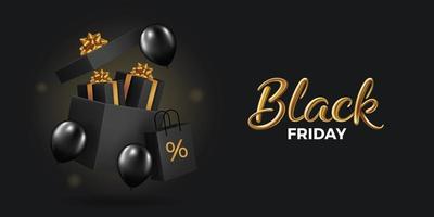 vendredi noir super vente cadeaux noirs réalistes et fond de boîtes de ballons vecteur