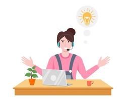 Jeune belle femme d'affaires un personnage portant un casque d'affaires sur un bureau avec une usine de café pour ordinateur portable et agitant avec le symbole de l'idée vecteur