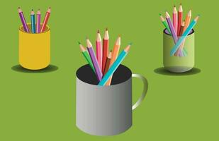 court coloré des crayons ensemble dans divers couleurs, mini coloré des crayons, des crayons ensemble avec minou tasse couleur. vecteur