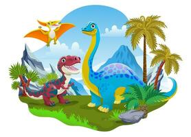 dinosaures dessin animé paysage Contexte préhistorique ère vecteur