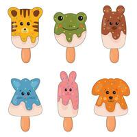 collection de joyeux, amical animal en forme de la glace crèmes. kawaii souriant bonbons pour enfants. lapin, chat, ours, chien, tigre personnages. dessert ensemble pour T-shirt imprimer, autocollants, salutation carte conception. vecteur