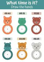 récit temps feuille de travail pour préscolaire des gamins à identifier le temps. l'horloge visages avec marrant animaux. des gamins préscolaire jouant, apprentissage activité. éducatif tâche pour le développement de logique pensée. vecteur