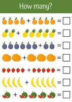 des légumes et des fruits mathématique listes. compte, Comment beaucoup jeu. adapté pour de bonne heure enfant développement et l'école à la maison, de bonne heure enfant développement, jardins d'enfants. interactif, coloré math des exercices. vecteur