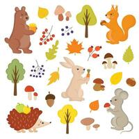 ensemble de l'automne éléments, mignonne forêt animaux, chute feuilles, citrouilles, champignons, baies. lapin, écureuil, hérisson, ours, souris. collection pour album, carte, affiche, autocollants. dessin animé puéril. vecteur