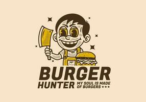 Burger chasseur, illustration de une garçon en portant Boucher couteau avec Burger dans de face de lui vecteur