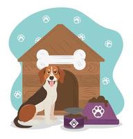 maison de race beagle chien de compagnie et bol avec de la nourriture vecteur