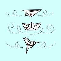 origami ensemble. avion, bateau, oiseau et colibri dessin vecteur