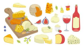 ensemble de fromage, du vin et nourriture isolé sur blanc Contexte. fromage sur le planche. vecteur graphique.