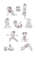 des gamins yoga ensemble. les enfants effectuer des exercices, les asanas, postures, méditation. main tiré vecteur illustration.