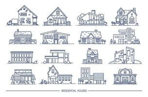 ligne art Résidentiel maison collection. ensemble de plat style. contour vecteur illustration.