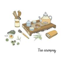 thé la cérémonie avec divers traditionnel éléments. coloré main tiré illustration. vecteur