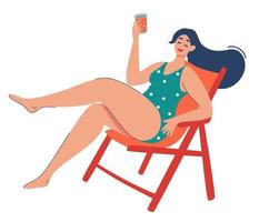 les femmes se détendent dans une chaise longue fille mignonne boit un cocktail vacances d'été loisirs de plein air jeune fille se détendre style cartoon plat vecteur d'illustration isolé