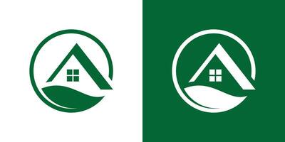 logo conception feuille et Accueil toiture vert icône vecteur illustration