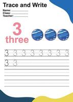 tracer et écrire le numéro pour les enfants. exercice pour que les enfants reconnaissent le nombre. feuille de travail pédagogique pour le préscolaire. fichier vectoriel. vecteur