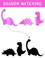 Princesse ombre correspondant à activité avec rose fille dinosaures. mignonne puzzle avec brachiosaure, tricératops, tyrannosaure. trouver correct silhouette imprimable feuille de travail ou jeu. vecteur