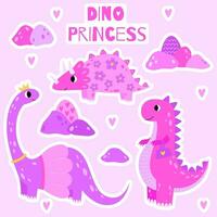 autocollants ensemble mignonne dinosaure princesse. sucré rose dino fille avec couronne. dessin animé marrant personnage pour garderie conception, salutation carte, invitation, imprimer, faire la fête, bébé douche, affiche.vecteur illustration. vecteur