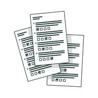 vecteur enquête ou examen forme papier feuilles pile avec répondu quiz liste de contrôle et Succès résultat évaluation plat dessin animé.