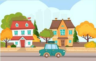 l'automne paysage dans ville avec coloré Maisons et auto. rétro auto avec une valise est conduite sur le route. l'automne voyage, aventure, voyage. vecteur illustration dans plat dessin animé style.