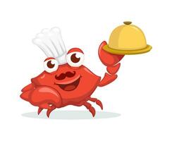 Crabe porter chef chapeau tenir nourriture plateau. Fruit de mer restaurant mascotte symbole dessin animé illustration vecteur