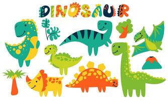 vecteur dessin animé illustration de dinosaures et éléments de le tropical habitat de stégosaure, brachiosaure, vélociraptor, tricératops, tyrannosaure, spinosaurus et ptérosaure