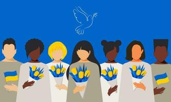 Hommes de différent des pays tenir le drapeau de Ukraine, femmes tenir printemps tulipe fleurs et Express leur soutien et Foi dans la victoire. horizontal affiche avec Colombe de paix. paix à Ukraine. vecteur. vecteur