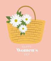 lettrage de la journée des femmes heureuse et panier de pique-nique avec trois fleurs blanches vecteur