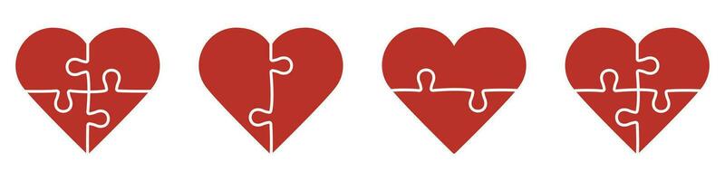 puzzle combinaison dans cœur forme silhouette icône. rouge salutation carte pour la Saint-Valentin jour, puzzle et l'amour solide signe. scie sauteuse pièces rencontre ensemble glyphe pictogramme. isolé vecteur illustration.