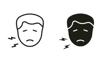 Masculin avec dentaire douleur, les dents mal noir pictogramme collection. homme avec mal aux dents silhouette et ligne icône ensemble. Humain oral maladie, dentiste médical traitement symbole. isolé vecteur illustration.