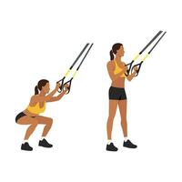 femme Faire trx suspension les bretelles squats exercer. plat vecteur illustration isolé sur blanc Contexte