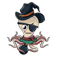 dessin animé sorcière poulpe personnage avec un ennuyeux pirate pièce avec une bombe dans ses tentacule. illustration pour fantaisie, science fiction et aventure des bandes dessinées vecteur