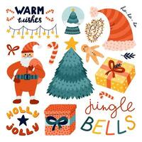 clipart et caractères ensemble pour Noël, Nouveau année, hiver vacances. main tiré isolé vecteur. sapin arbre, Père Noël noël, neige globe, enveloppé cadeaux, lumières, bonbons canne, pain d'épice homme, Noël chapeau. vecteur