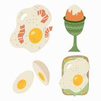 mignonne ensemble de nourriture pour petit déjeuner. différent variations de Oeuf - bouilli et couper, brut, frit avec bacon, sur griller. végétarien nourriture, en bonne santé produit. savoureux repas. main tiré clipart isolé sur Contexte. vecteur