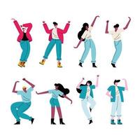 jeunes heureux dansant huit personnages vecteur