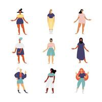 groupe de neuf personnages féminins avec des robes différentes vecteur
