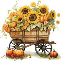 aquarelle dessin. l'automne wagon avec récolte, avec citrouilles et tournesol fleurs dans ancien style. action de grâces carte décoration, l'automne, récolte Festival vecteur