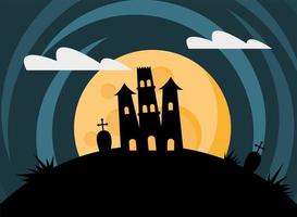 joyeuse carte d'halloween avec château hanté et pleine lune vecteur