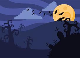 bonne carte d'halloween avec des chauves-souris volant et la pleine lune vecteur