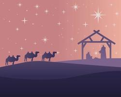 joyeux noël carte avec sainte famille et chameaux dans une scène de silhouette stable vecteur