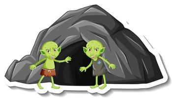 un modèle d'autocollant avec un personnage de dessin animé de gobelin ou de troll vert et une grotte de pierre vecteur