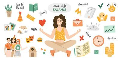 la vie de travail équilibre vecteur ensemble avec caractères et clipart. femme est assis dans yoga lotus position, soldes entre la vie et travail. Comparaison entre maison, amis, l'amour et carrière, argent, finances, emploi