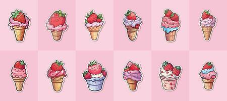 fraise la glace crème autocollant cool couleurs kawaii agrafe art illustration collection vecteur