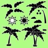 ensemble de silhouettes d'un palmier de dessin animé avec soleil, nuages et herbe vecteur